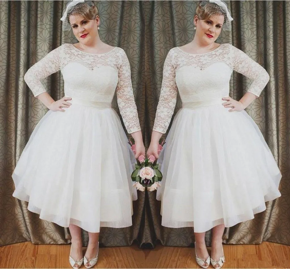 

2021 Simple Plus Size Wedding Dresses Jewel Neck Long Sleeve A Line Tea Length Beach Garden Bridal Gown Custom Made Hot Sale