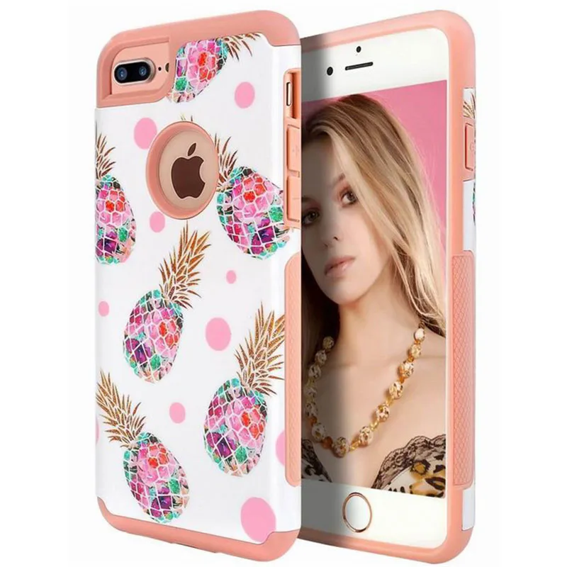 Для iphone 8 plus, двухслойный чехол из розового золота, дизайн, Жесткий ПК+ ТПУ, гибридный Чехол, свежий бампер, ананас, ударопрочный жесткий чехол с фруктами