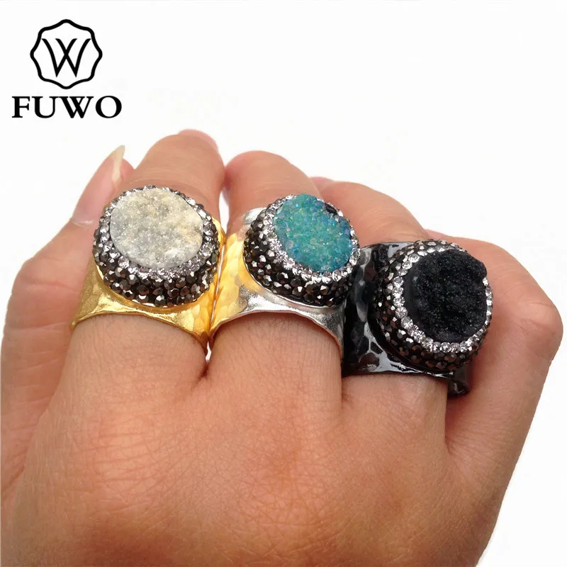 Кольцо FUWO Aura Druzy со стразами покрытое золотом 24 К гальванизированное