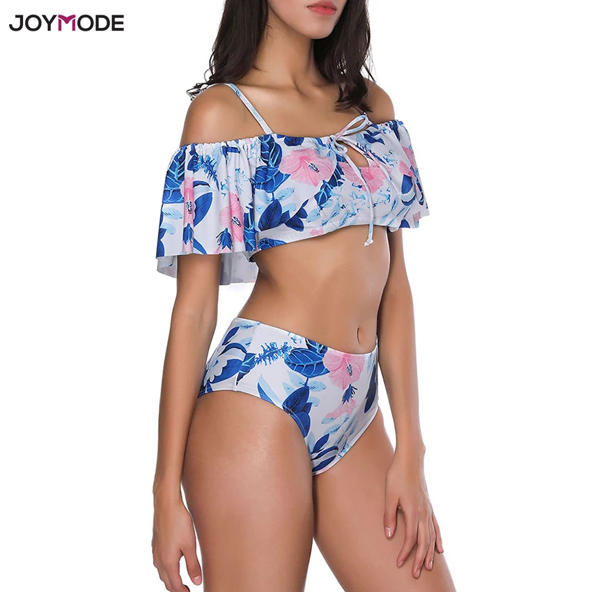 JOYMODE с открытыми плечами Купальник из двух частей с воланами Купальник для женщин с оборками пляжное бикини с высокой талией Mujer Cintura Alta Biquini