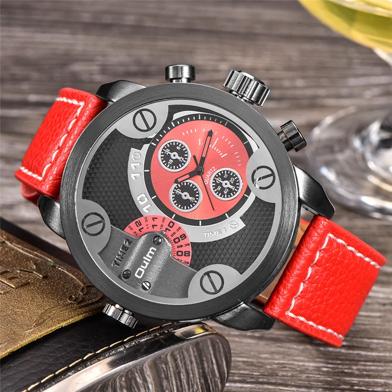

Oulm 3130 Two Time Zone Male Watch Luxury Brand Men's Military Watches Casual Leather Big Size Men Wristwatch relogio masculino