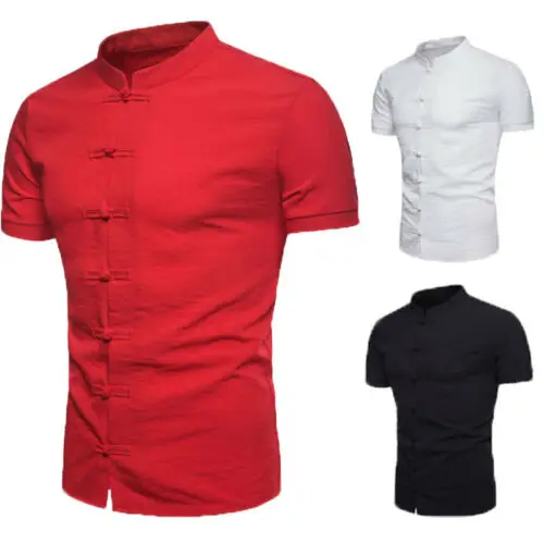 Men Slim Causal Fit Chinese Traditional Style Shirts Short Sleeve Casual shirt Solid Color Stand Neck | Мужская одежда