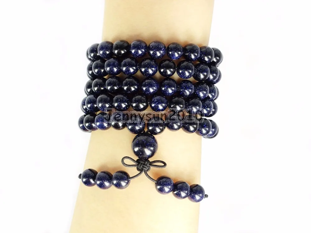 

Natural Blue Sand 8mm Gem Stone Buddhist 108 Beads Prayer Mala Multi-Purpose Stretchy Bracelet Necklace 2Strands/Pack