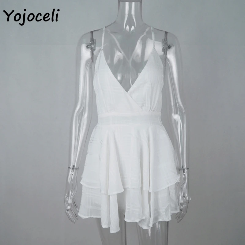 Yojoceli sexy boho beach ruffle jumpsuit romper summer 2019 plaid v neck strap playsuit party bow rompers | Женская одежда