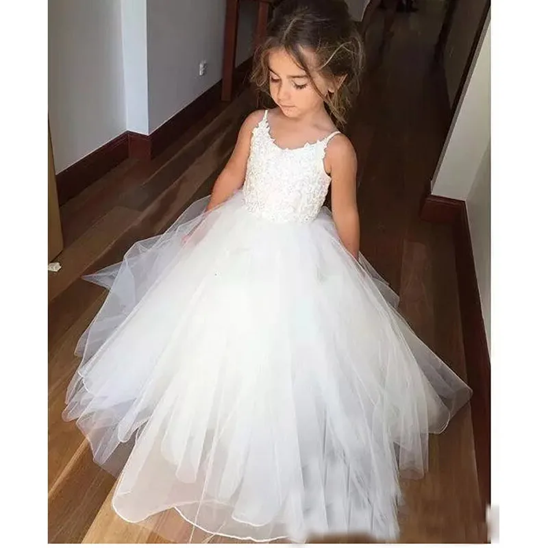 Белый Аппликация Тюль Бальное платье Девушки Цветка Платья 2017 Длина Пола Без