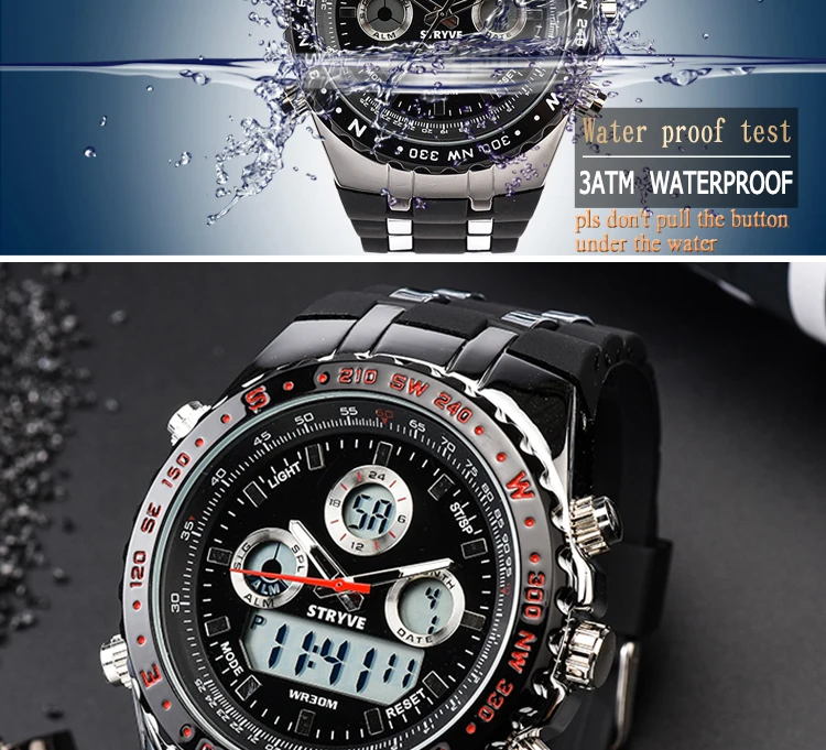 STRYVE Montre Homme многофункциональные спортивные часы для мужчин армейские военные светодиодный аналоговые часы S Shock Роскошные Мужские Цифровые кварцевые часы