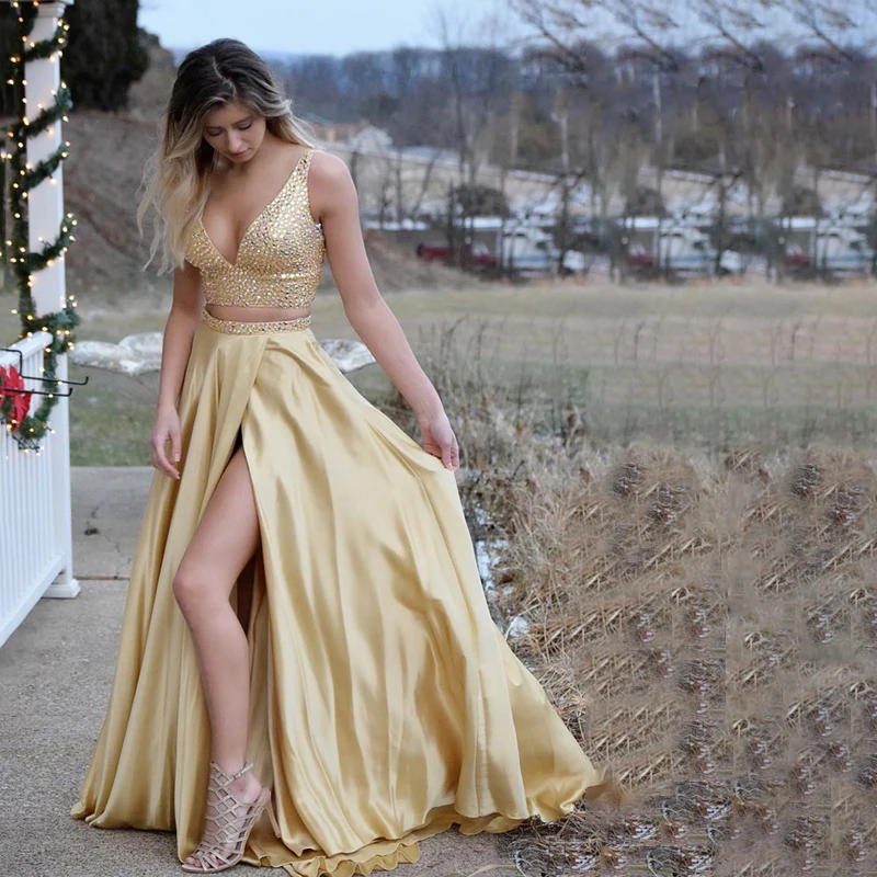 

Длинные платья для выпускного вечера с v-образным вырезом и разрезом спереди, Украшенные бусинами и кристаллами, Роскошный топ, вечерние пла...