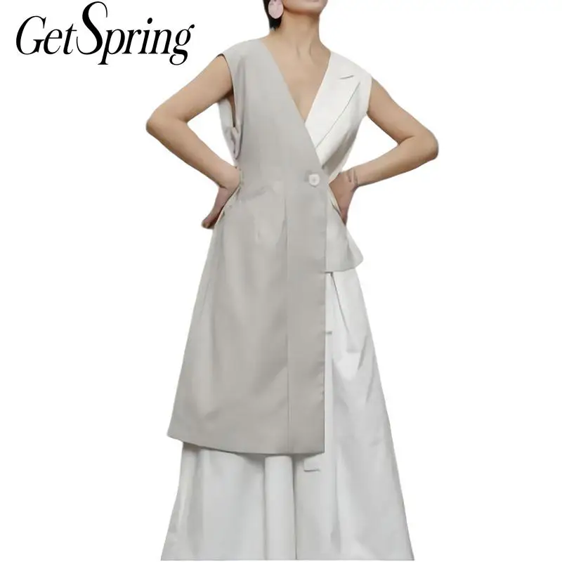 GETSRING женский жилет Длинный без рукавов серый белый лоскутный ассиметричный