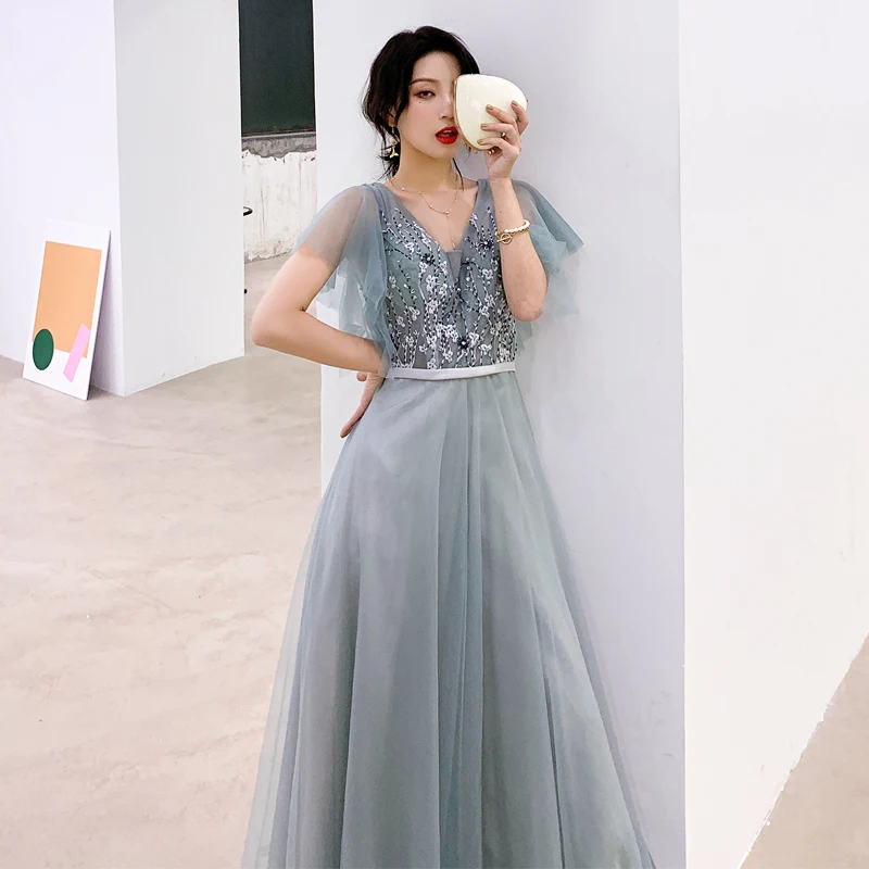 He's Bride New Fairy Prom Dress Sexy V-neck Short Sleeves Appliques Lace Up Floor-length Formal Grown Robe De Soiree | Свадьбы и