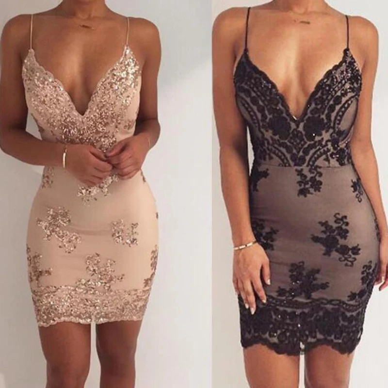 Женское летнее Мини-Платье с открытой спиной V-образным вырезом и блестками |