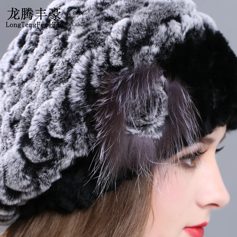 Женский вязаный берет из кроличьего меха с цветком | Аксессуары для одежды