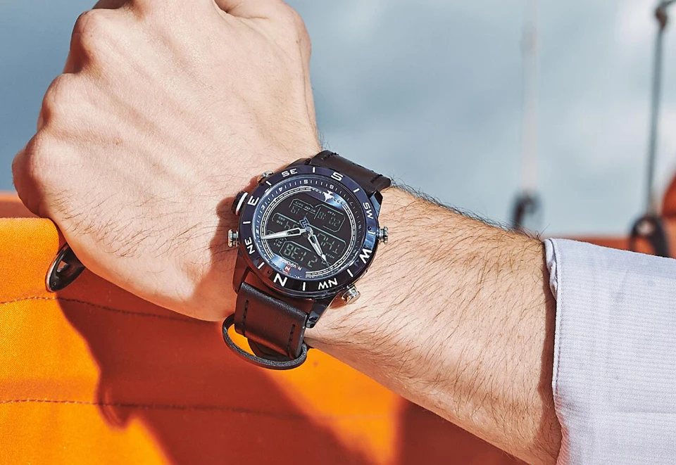 Бренд NAVIFORCE модные синие мужские спортивные часы светодиодный, аналоговый, цифровой часы в стиле милитари кожаные кварцевые часы Relogio Masculino