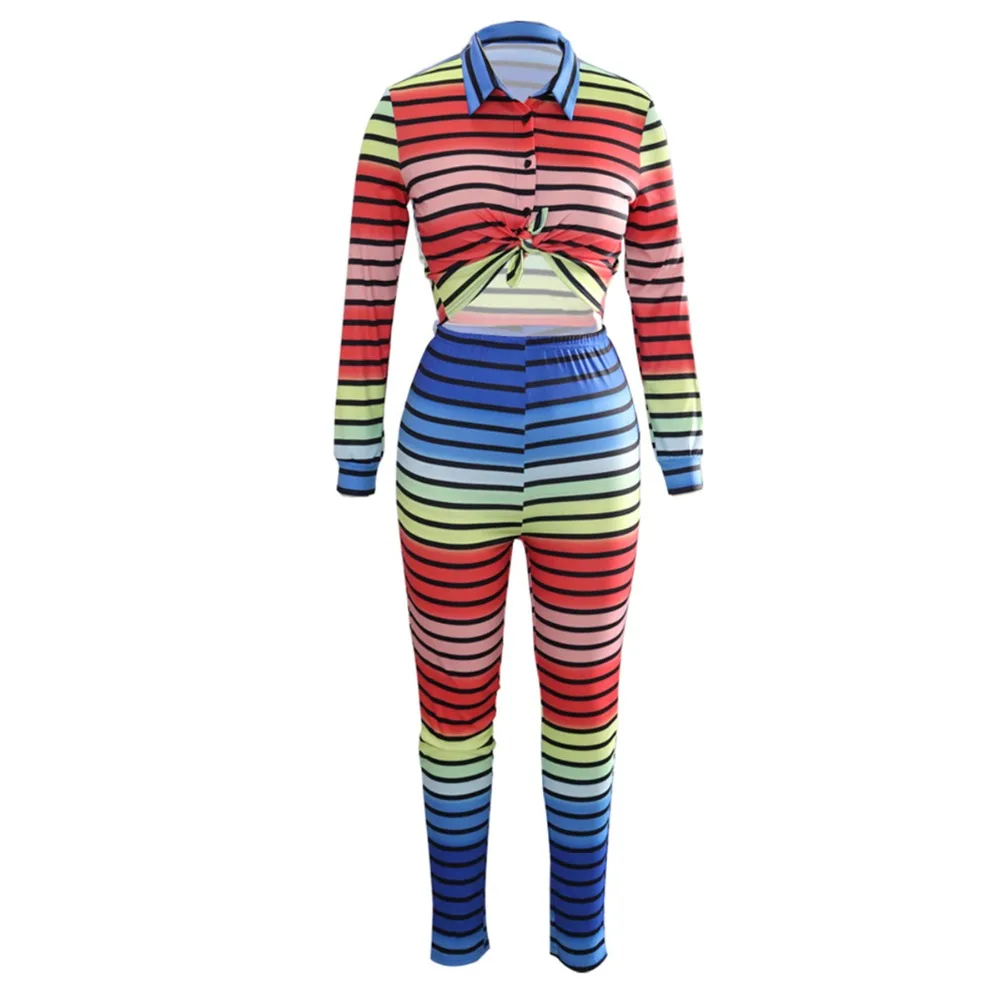 Комплект из 2 частей Для женщин Полосатый спортивный костюм с длинным рукавом