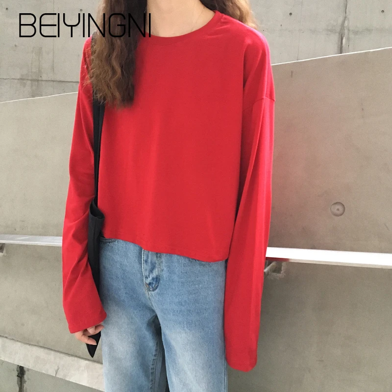 Beiyingni пикантные Топы женские модные однотонные короткие футболки с длинными