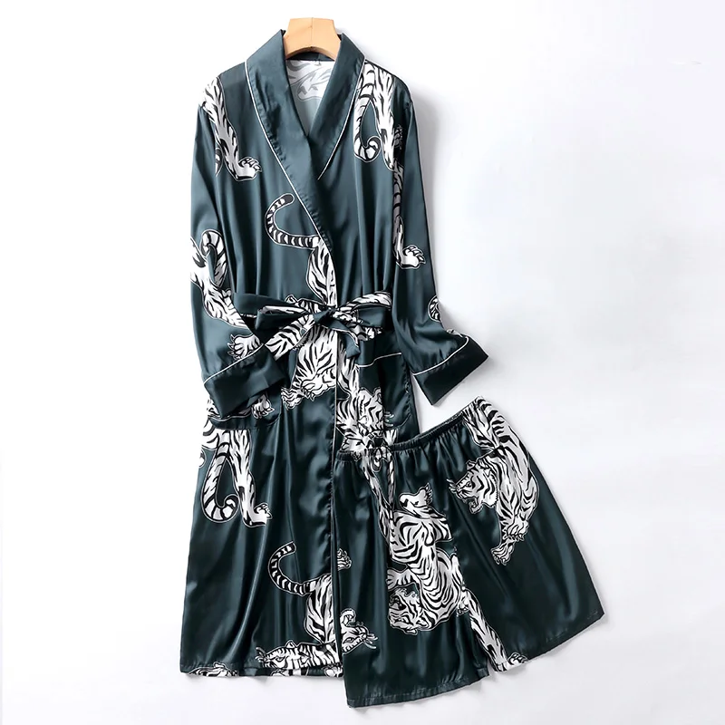 robe shorts set 1 Двухкомпонентная шелковая ночная рубашка, атласная Мужская одежда для сна, свободный шелковистый халат с длинным рукавом и длинными штанами, банный халат для мужчин - Цвет: robe shorts set 1