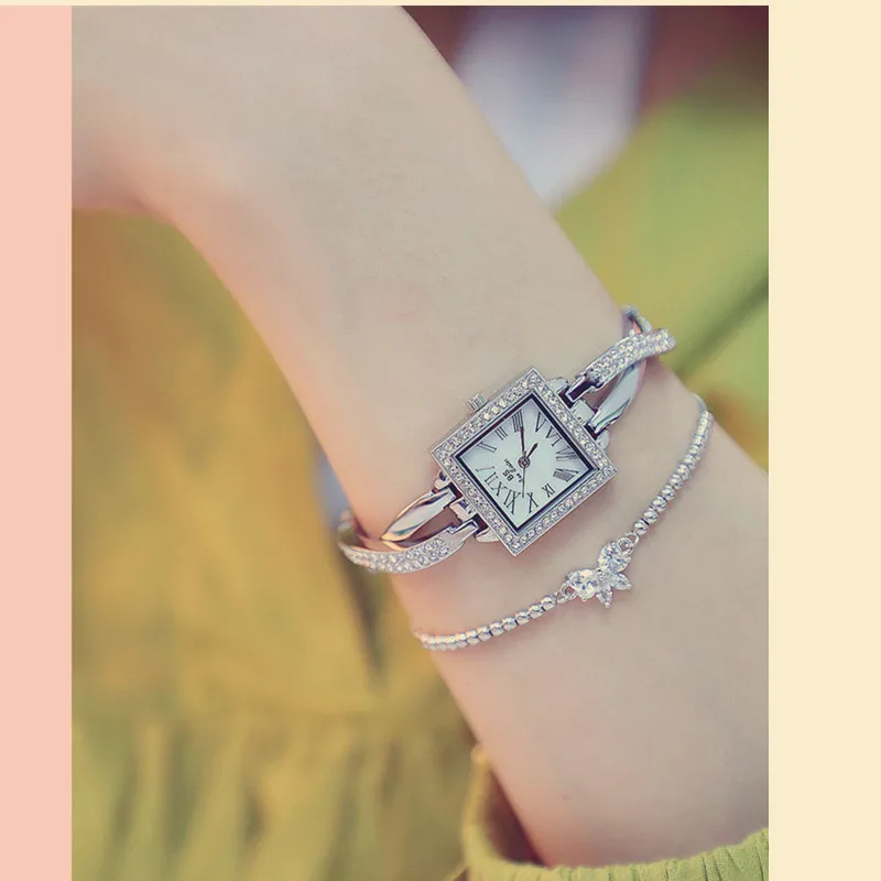

Women's Quartz Watch Silver Square New Hot Sale High-end Link Watch Custom Full Rhinestone Cross Chain Watch