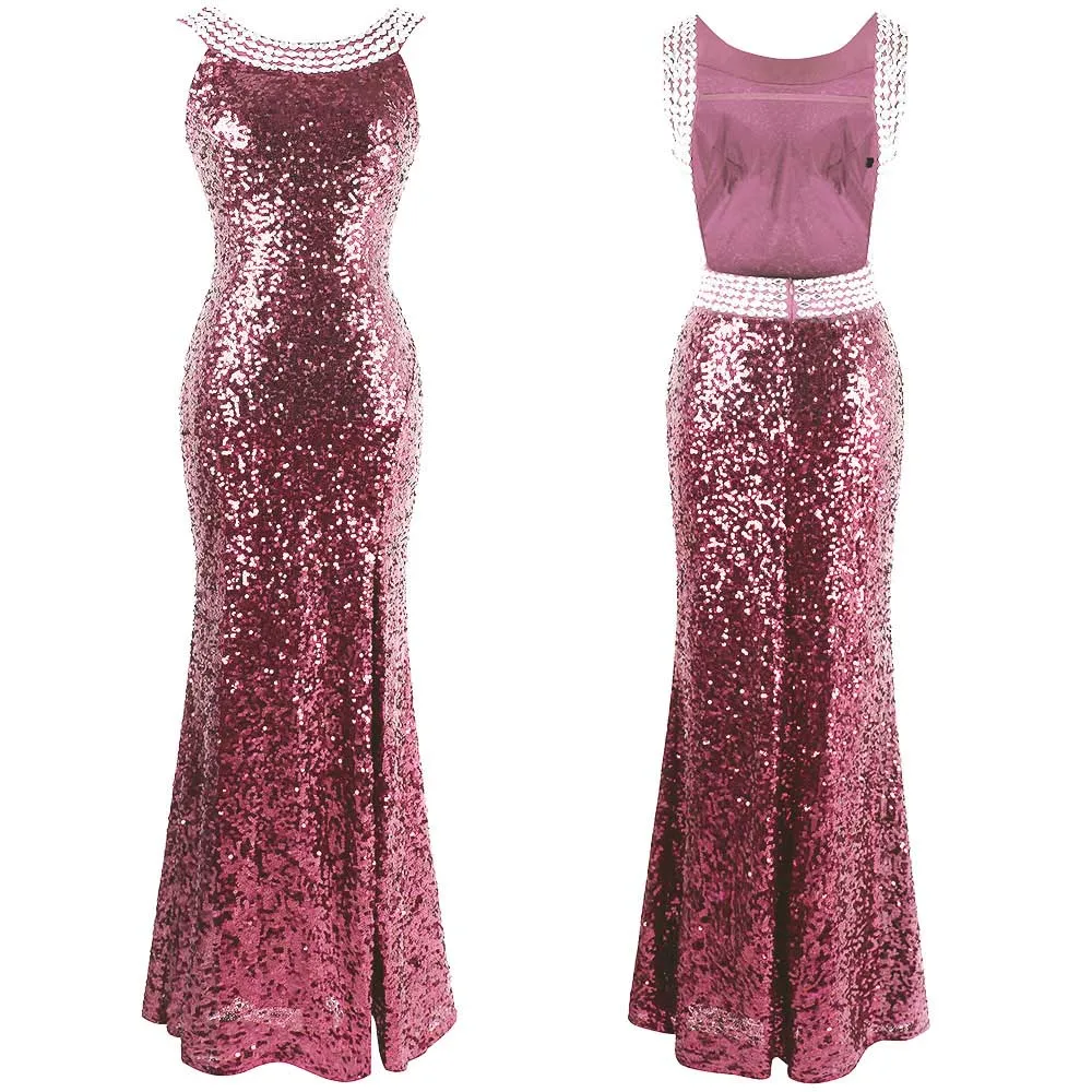 Angel-Fashion Бисероплетение Винтаж 1920S блесток Маскарад Костюм бальное платье выпускного вечера Золотой синий 090 - Цвет: pink