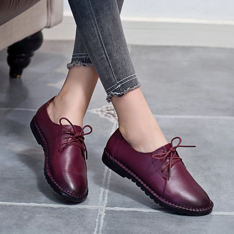 

SNURULANWOMEN FLATS LACE-UP ANTISKID MOTHER SHOES GENUINE LEATHER FLATS WOMEN FASHION CASUAL SHOES WOMEN FLATS E097