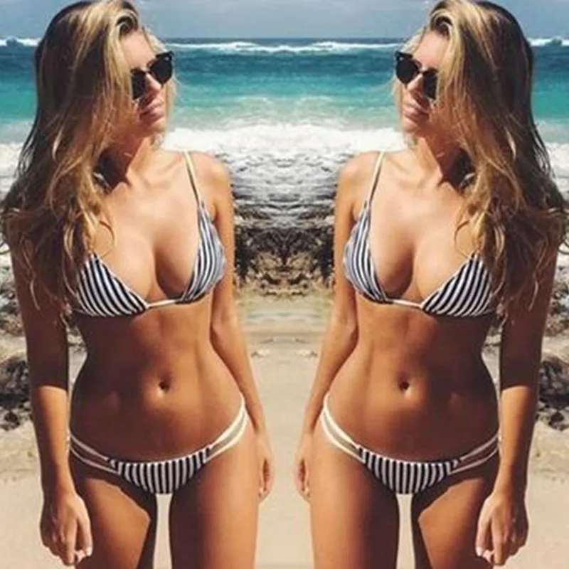 Padded Cut Out Swimsuit Brazilian Summer Beach Suit 2017 Women Bandeau Bikini Print Striped Swimwear Biquini |
