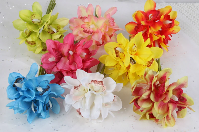 Настоящее прикосновение cymbidium 6 головок короткая съемка украшение стола цветок DIY Свадебные невесты ручной цветы домашний декор искусственная Орхидея