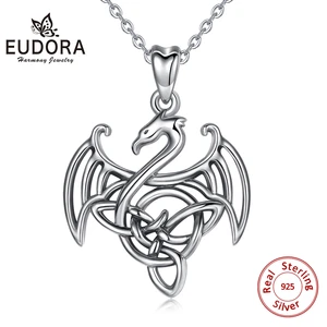 EUDORA Sterling Silver Flying dragon Pendant Necklace vintage Oxidized Silver Dragon Necklace Fashion Jewelry with Gift Box D423