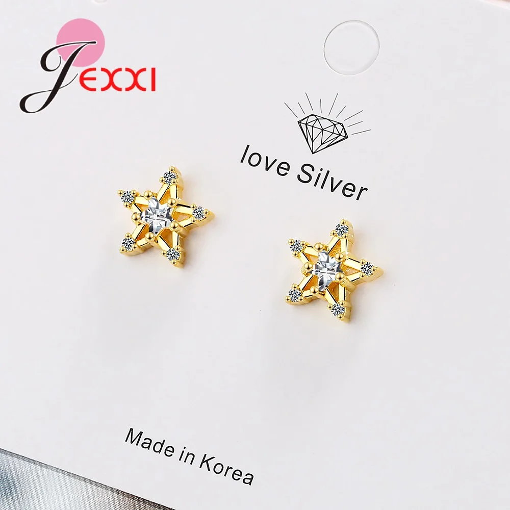 

High Quality Women 925 Sterling Silver Gold Color Metal Cubic Zircon Stud Earrings Geometric Korean Concise Sweet Ear Jewelry