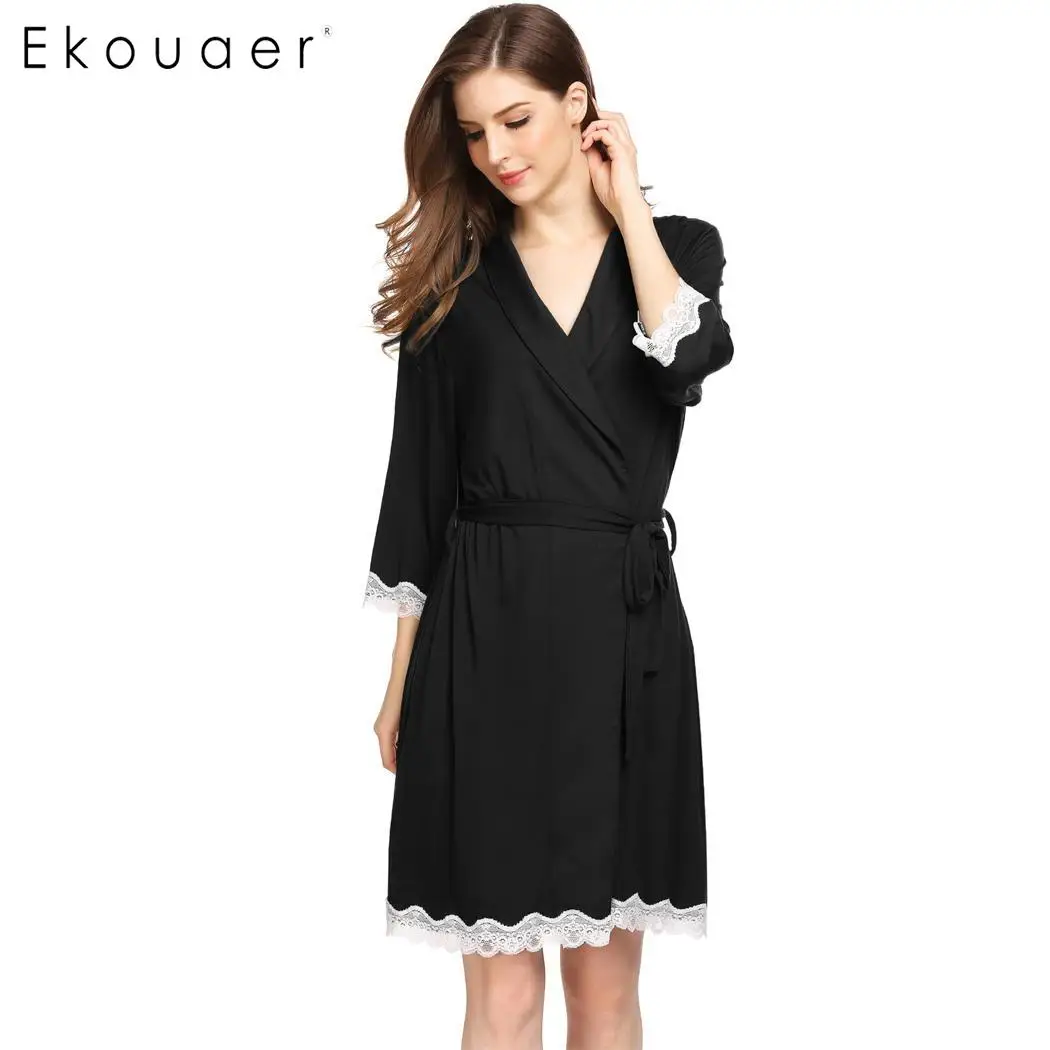 Black Ekouaer, женский халат, ночное белье с шалью, воротник 3/4, рукав, с поясом, короткий, халат, женский, сексуальный, для ванной, спа, халаты - Цвет: Black