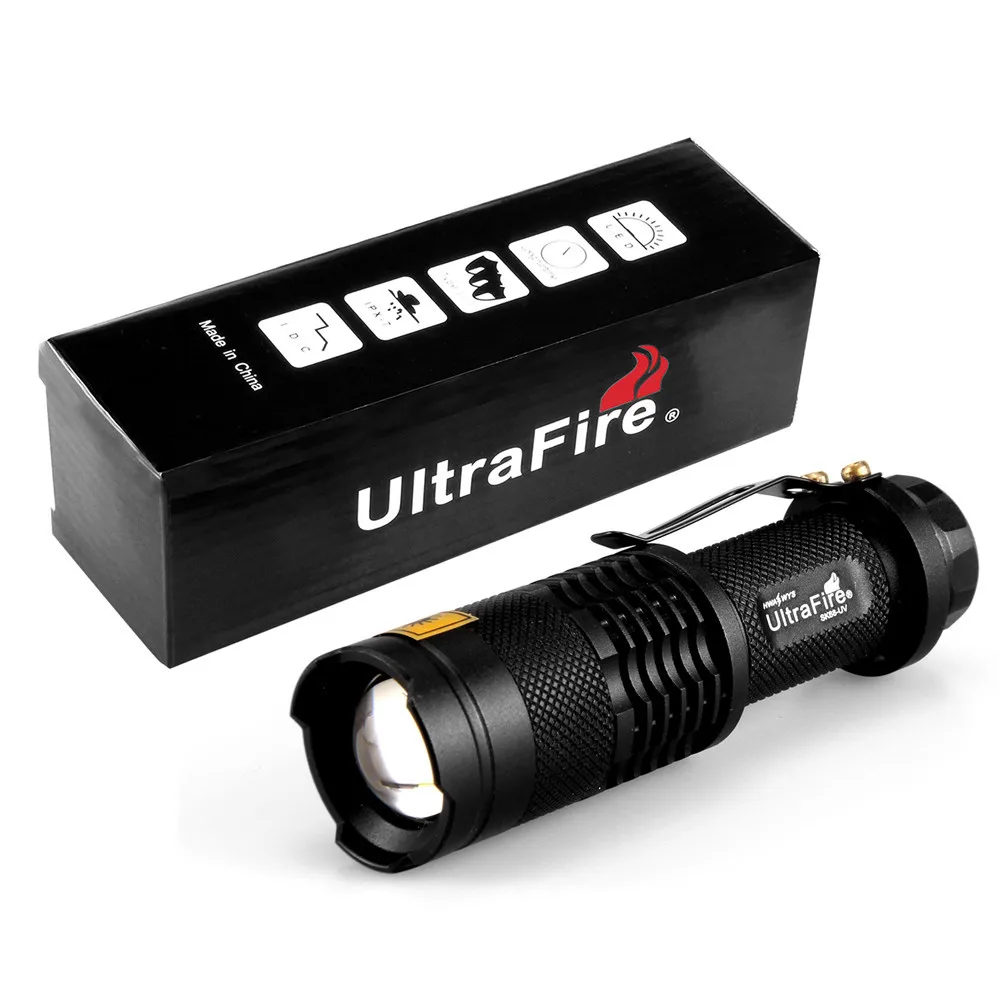 

Ultra Fire LED UV Flashlight 1 Mode SK68 Zoomable Lanterna Torch luz 14500 Flashlight Purple Flashlight 395nm Light