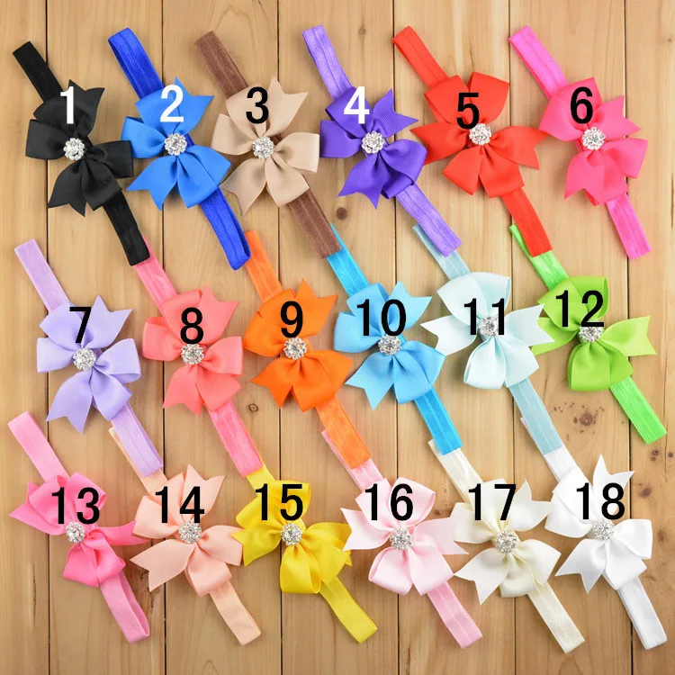 

18 colors , Elastic Ribbon bow Headbands With Rhinestone in Center Bow headbands 20pcs/lot