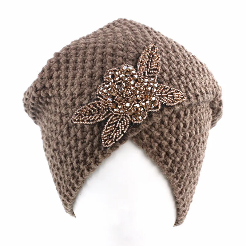 Мусульманский зимний тюрбан шапка теплая вязаная с принтом стразы облегающая
