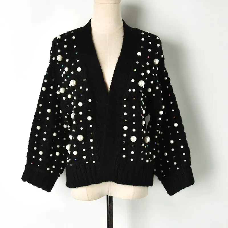 2018 Vintage Full Beading Pearls Twist Knitting Cardigans Short Long Sleeve Cashmere Sweater Women's Fall Spring Cardigan Coat |