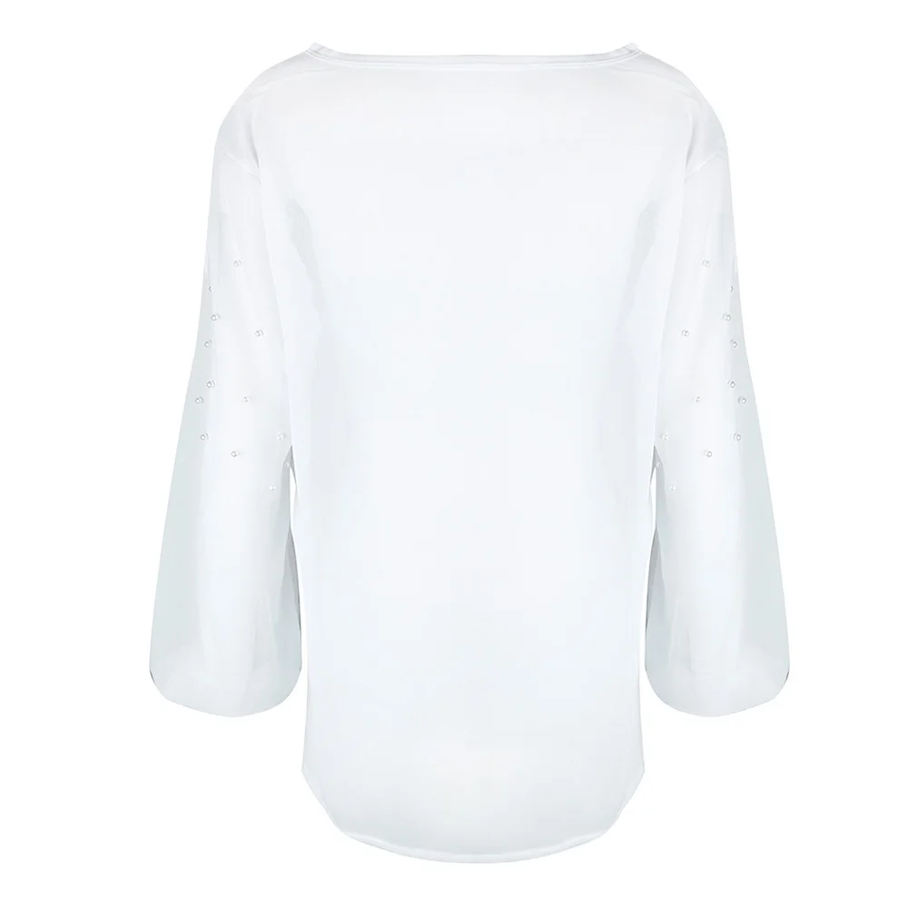 Hot sale spring Blouses Shirts Women fashion Pearls Beading Long lantern Sleeve V Ncek White Chiffon blouse Tops |