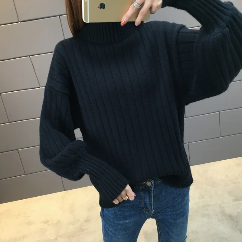 Turtleneck Women's Sweaters 2020 Autumn and Winter Fashion New Loose Lantern sleeve Sweater Lady Solid Warm Casual Tops | Женская