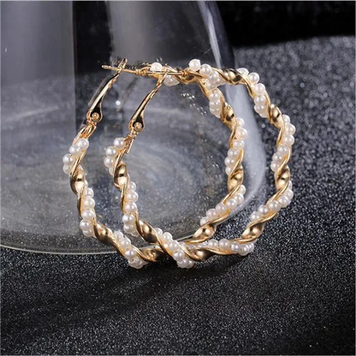 NCC-01 New Pearl Hoop Earrings for Women Exaggerates Oversize Pearl Circle Ear Rings Earrings Fashion Europe Nightclub Jewelry - Окраска металла: NCC-01
