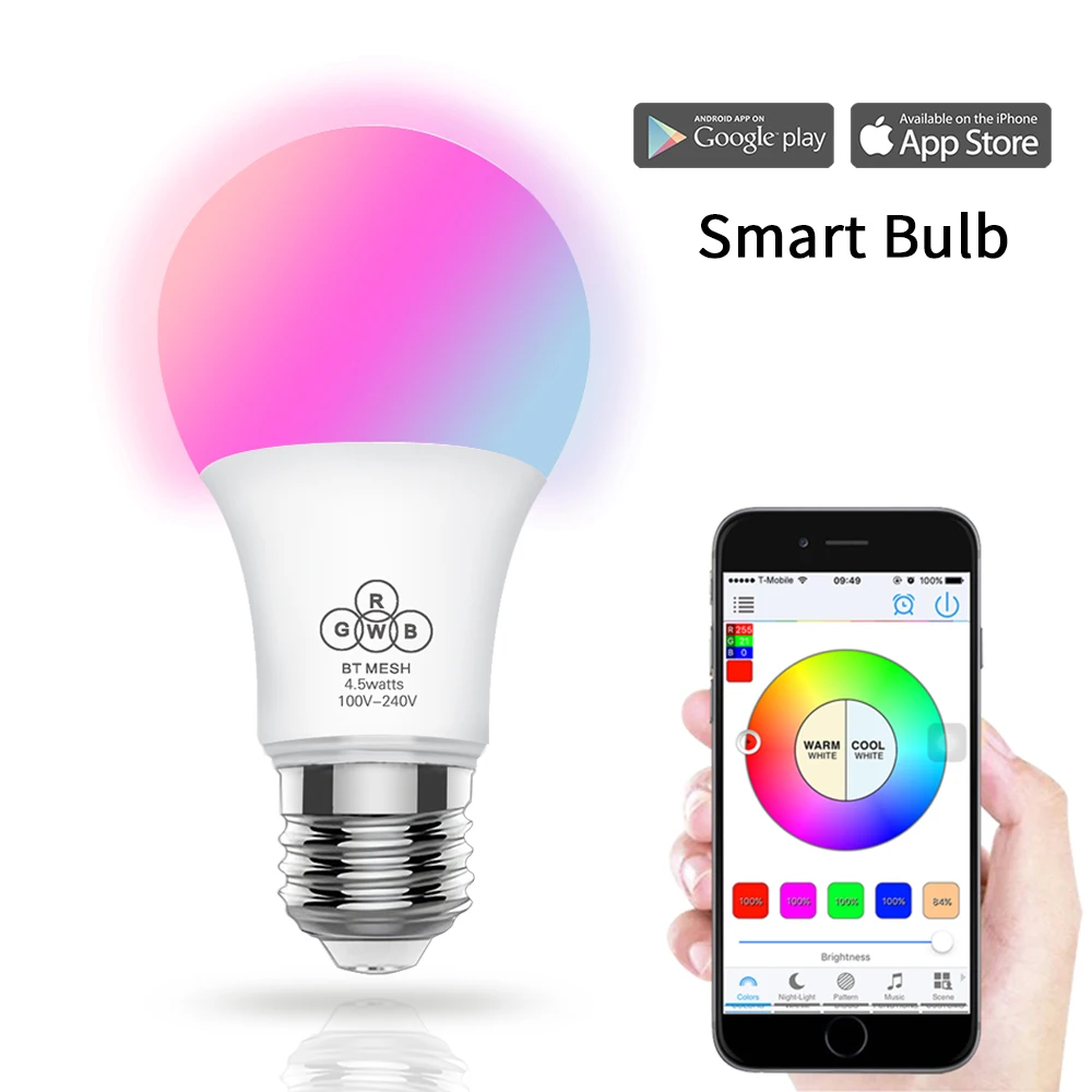 Беспроводная Bluetooth 4 0 умная лампа E27 RGB многоцветная APP дистанционное управление