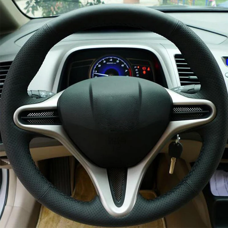 Черный верхний слой кожаный ручной сшитый автомобильный чехол на руль для Honda Civic старый Civic 2006-2011
