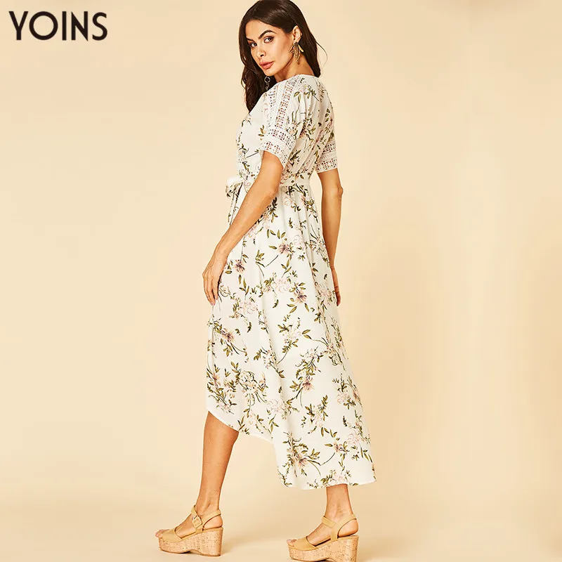 YOINS Мода 2019 Женское летнее платье Белые платья с цветочным принтом V образным