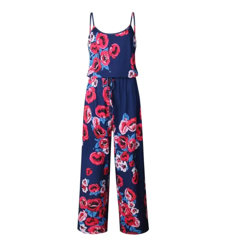 0901 DARK BLUE S-3XL Плюс Размер Сарафан Повседневная Весна Лето Комбинезоны Сексуальная Рукавов Плотно Талия Цветочный Печати Свободные Брюки Женские Комбинезоны Красный - Цвет: 0901 DARK BLUE