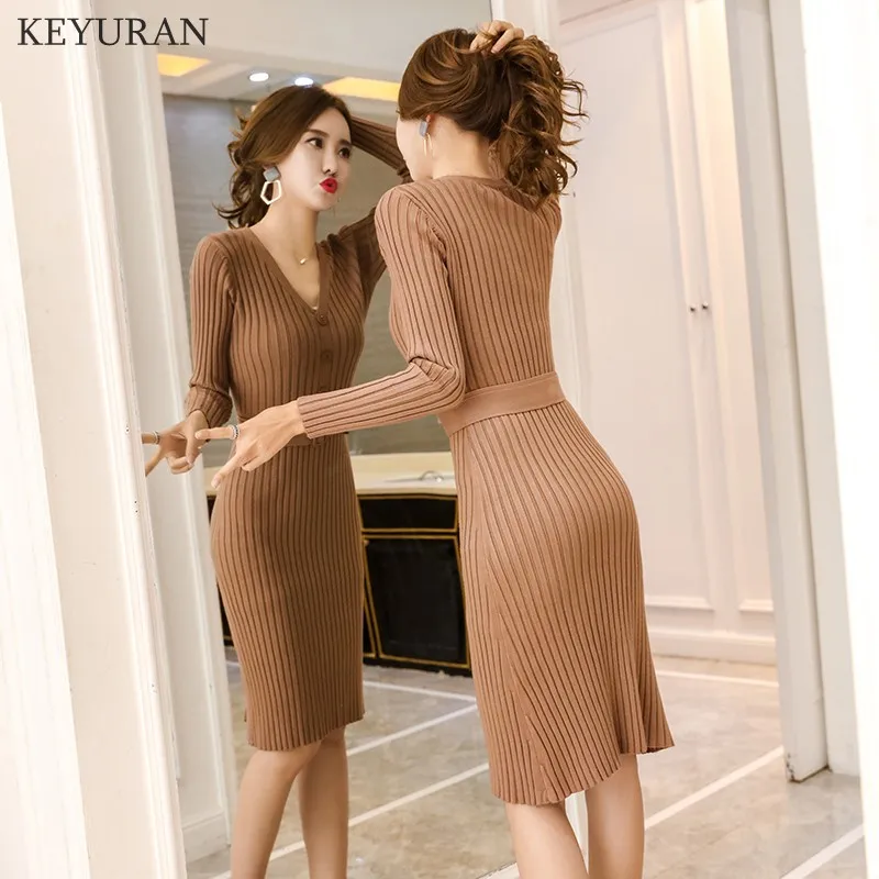 New Autumn Winter Bodycon Knitted Dress Women Long Sleeve Sexy V Neck Belt Knee Length Casual Office Lady Sweater Dresses L2460