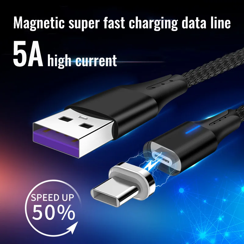 1 м Магнитный кабель type C 5A супер быстрая зарядка нейлоновый Плетеный USB-C Магнитный кабель для зарядного устройства для huawei mate 20 X P20 Pro Xiaomi