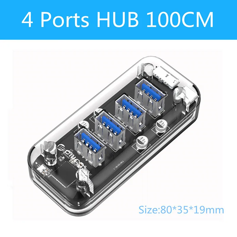 4 Ports HUB 100cm ORICO прозрачный концентратор мульти 4 7 портов высокоскоростной USB3.0 сплиттер с микро USB интерфейс питания для ноутбуков ПК планшет OTG адаптер - Цвет: 4 Ports HUB 100cm