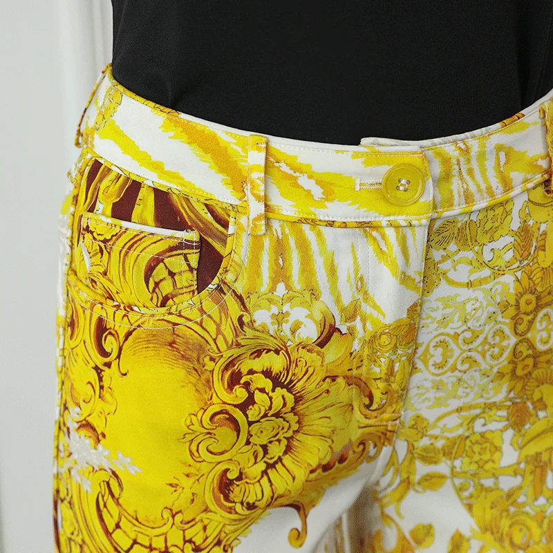 Плотные шелковые узкие брюки VOA желтые длинные с принтом штаны со средней талией