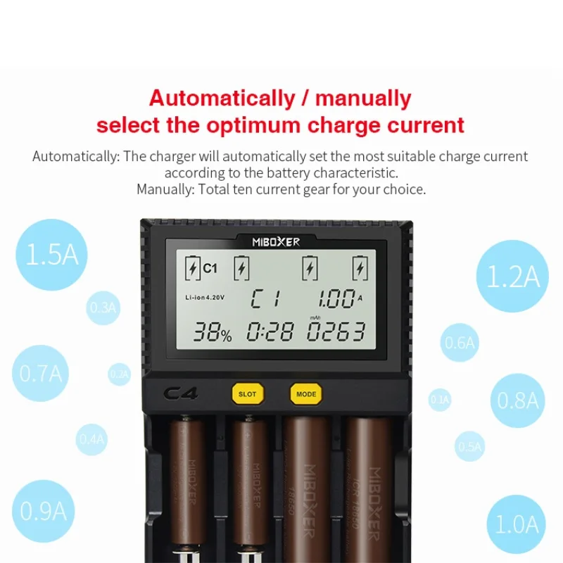 Оригинальное умное зарядное устройство Miboxer C4 LCD для Li Ion IMR INR ICR LiFePO4 18650 14500 26650 16340