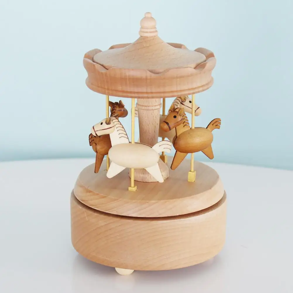 

Kawaii Zakka Carousel Musical Boxes Wooden Music Box Wood Crafts Retro Birthday Gift Vintage Home Decoration Accessories