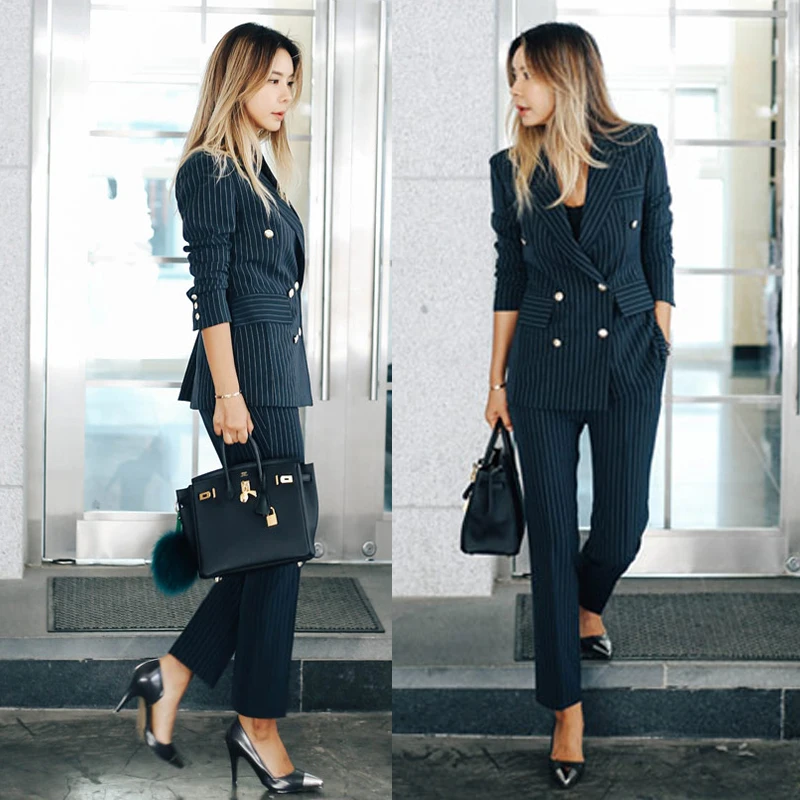 

Spring and Autumn Women's New Fashion Stripe Small Suit Set Temperament Casual Professional Suit Nine Pants Two Piece Set