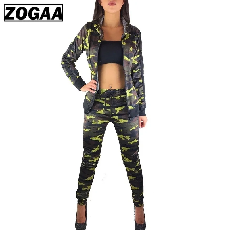 ZOGAA 2 шт. Женский комплект Камуфляжный тренировочный костюм Фитнес Брюки куртка