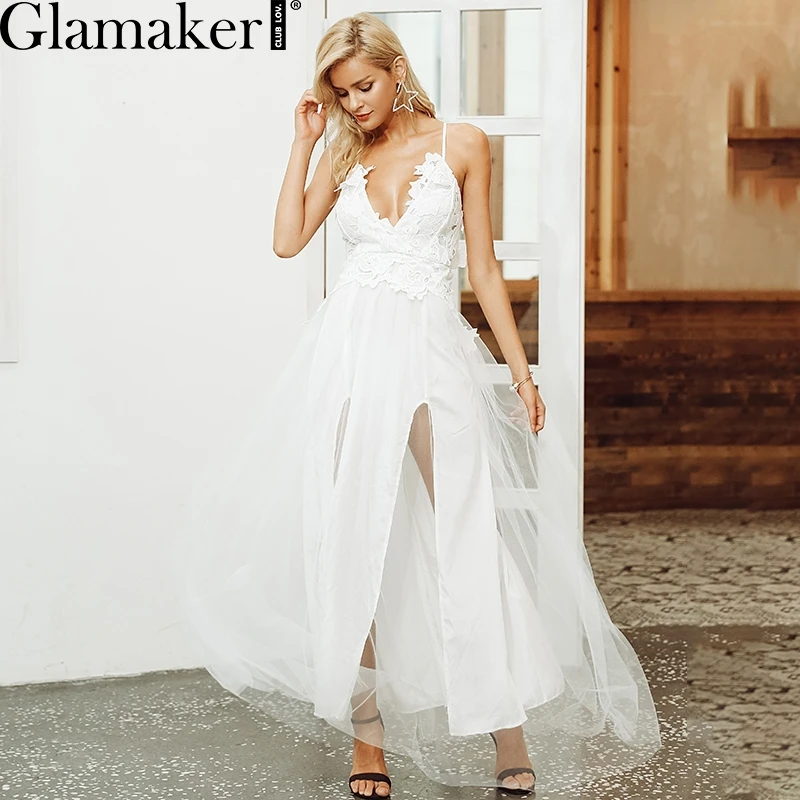 Женский прозрачный сетчатый сарафан Glamaker облегающий кружевной Сарафан Макси с v