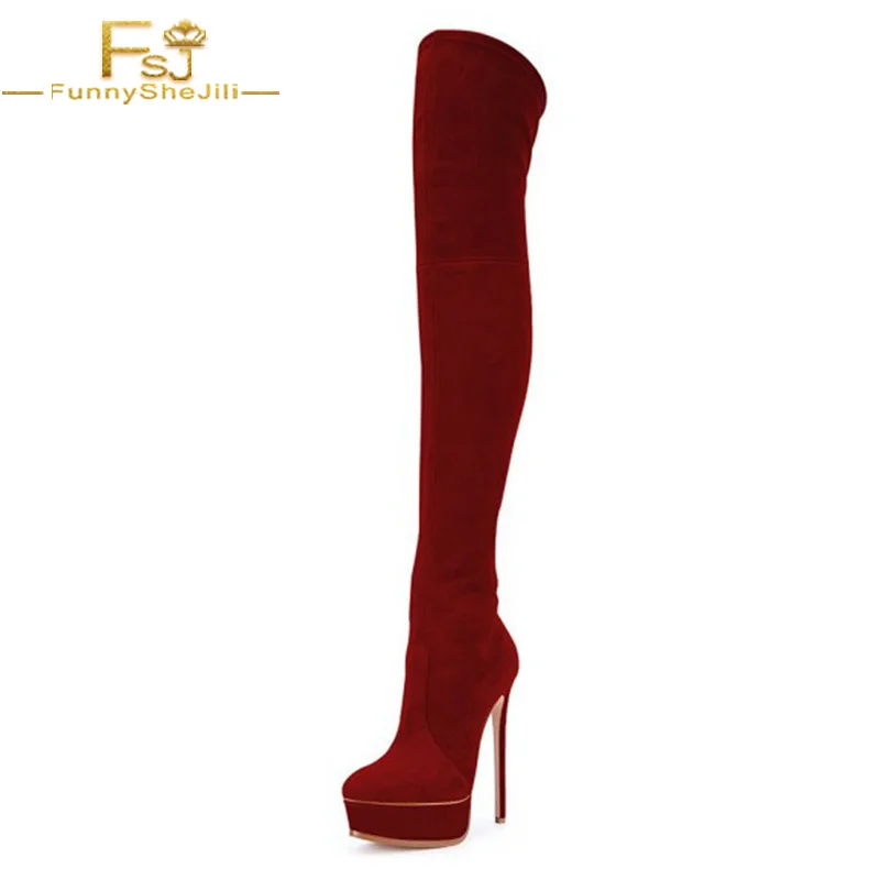 

FSJ Women Maroon Almond Toe Over Knee Boots Platform Stiletto Heel Side Zipper Party Date Fashion Female Booties 2021 Winter