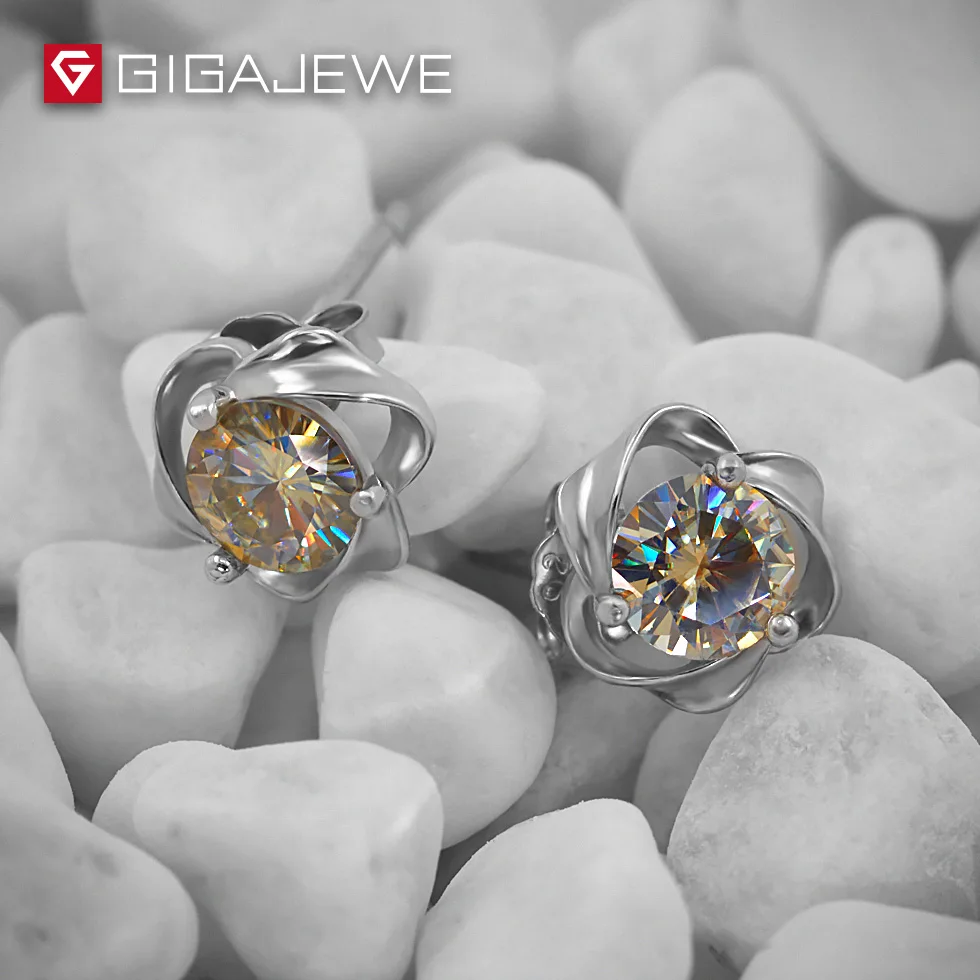 GIGAJEWE Муассанит с желтым круглым срезом общая 1.0ct выращенные лабораторно алмазы 3-контактный Серебряные серьги Модные украшения подарок девушке