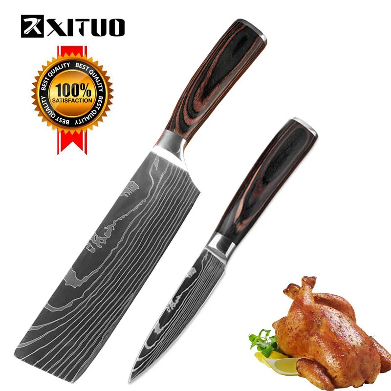 2PCS-1 XITUO, кухонный нож, японский нож для очистки овощей, сантоку, шеф-повара, для нарезки хлеба, нержавеющая сталь, антипригарные ножи, кухонный инструмент, аксессуары - Цвет: 2PCS-1